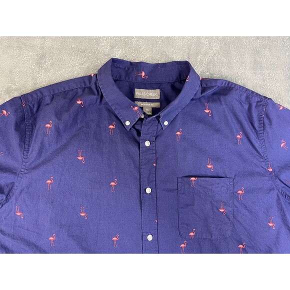 Falls Creek Button Up Shirt Men's Size XL Flamingos Blue Short Sleeve Casual - Picture 2 of 8